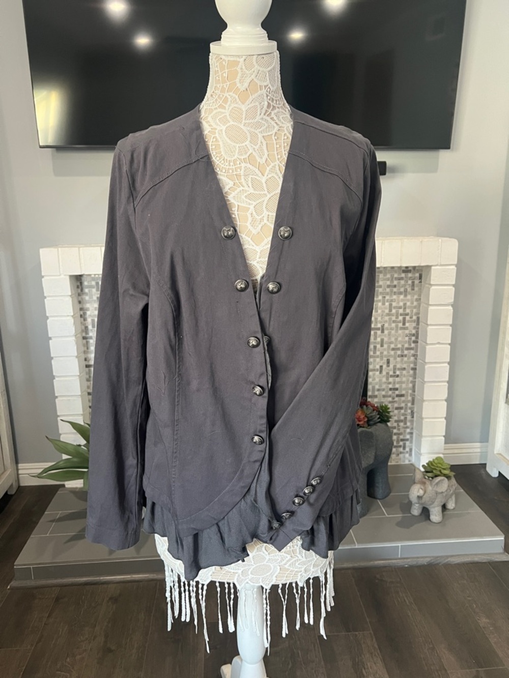 Torrid Charcoal Ruffled Hem Button-Front Blazer
